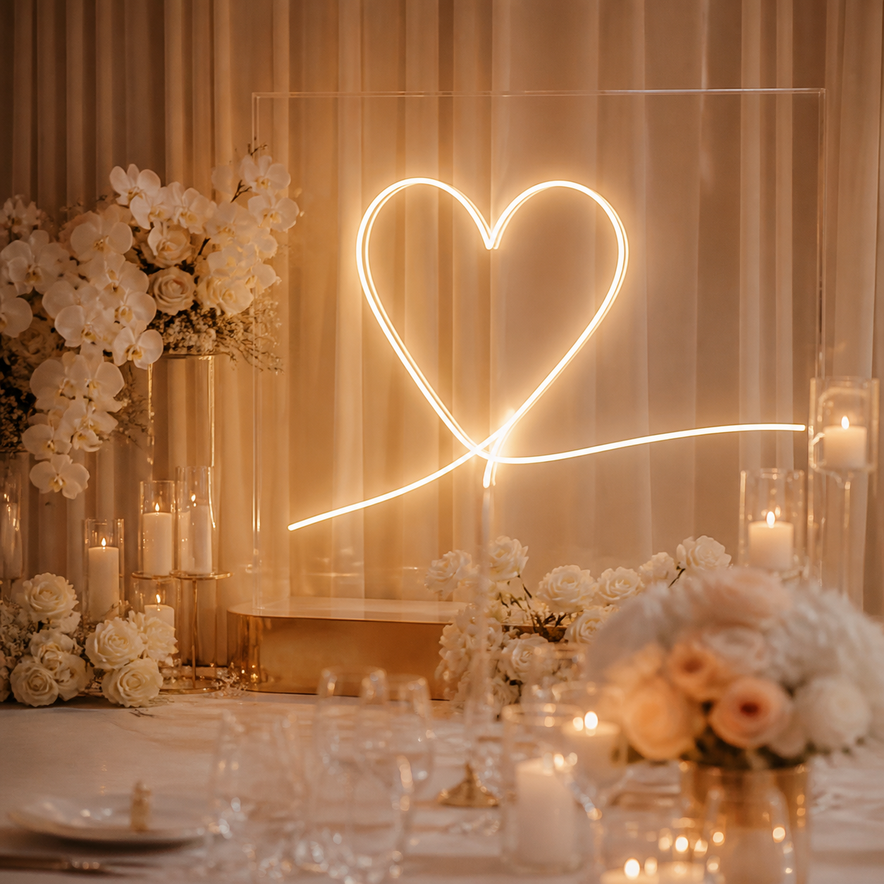Warm white heart neon at a wedding reception