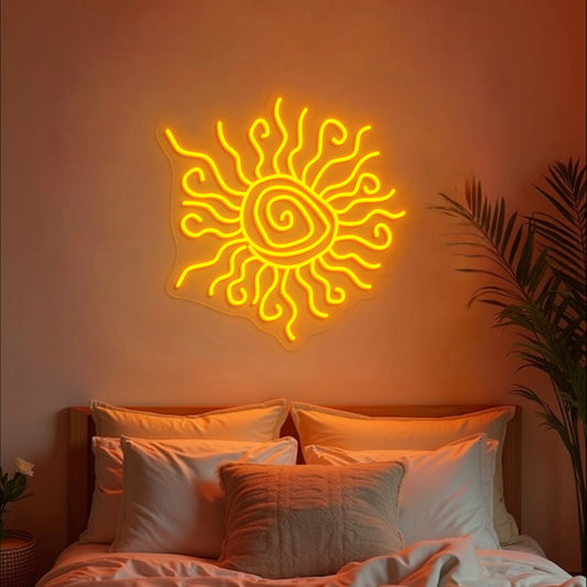 Wacky sun neon sign with wavy rays displayed on a brick living room wall above a sofa