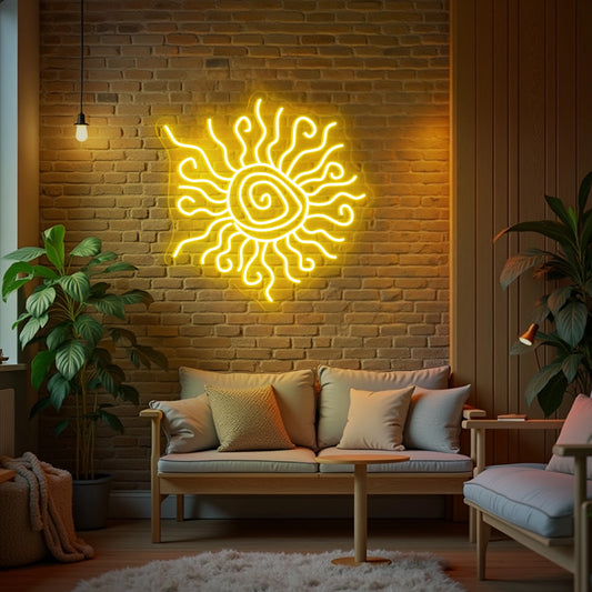 Wacky sun neon sign with wavy rays displayed on a brick living room wall above a sofa