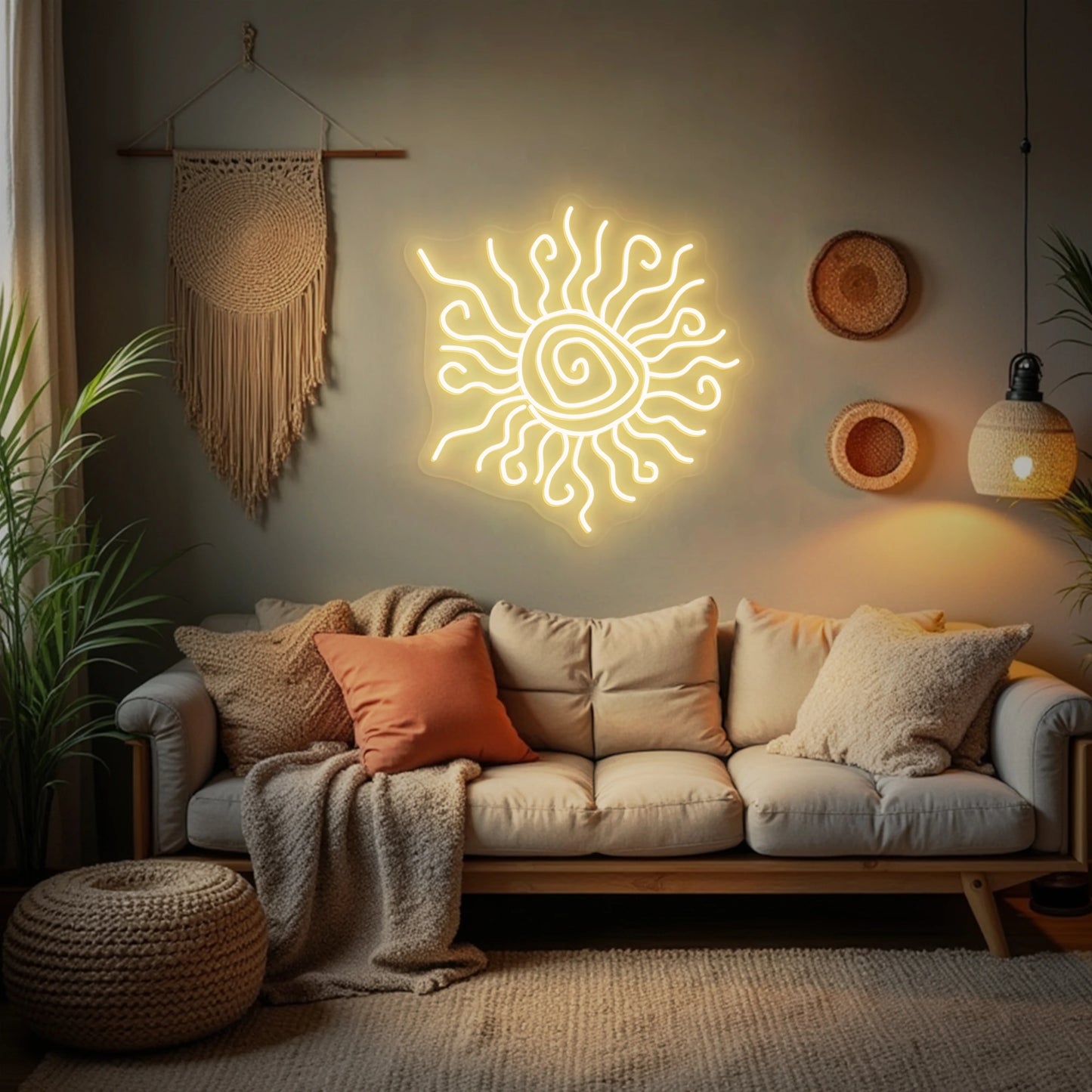 Wacky sun neon sign with wavy rays displayed on a brick living room wall above a sofa