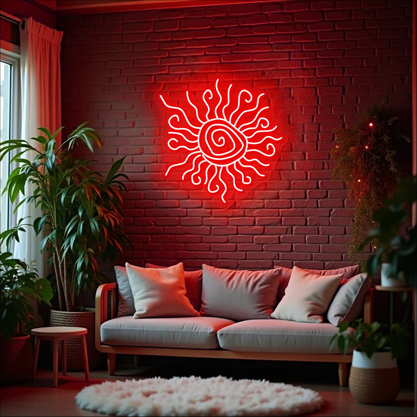 Wacky sun neon sign with wavy rays displayed on a brick living room wall above a sofa