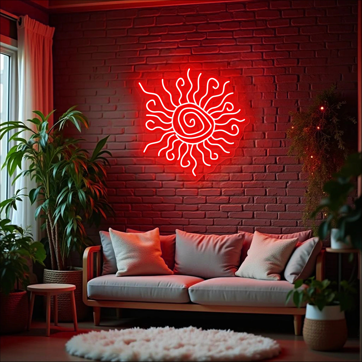Wacky sun neon sign with wavy rays displayed on a brick living room wall above a sofa