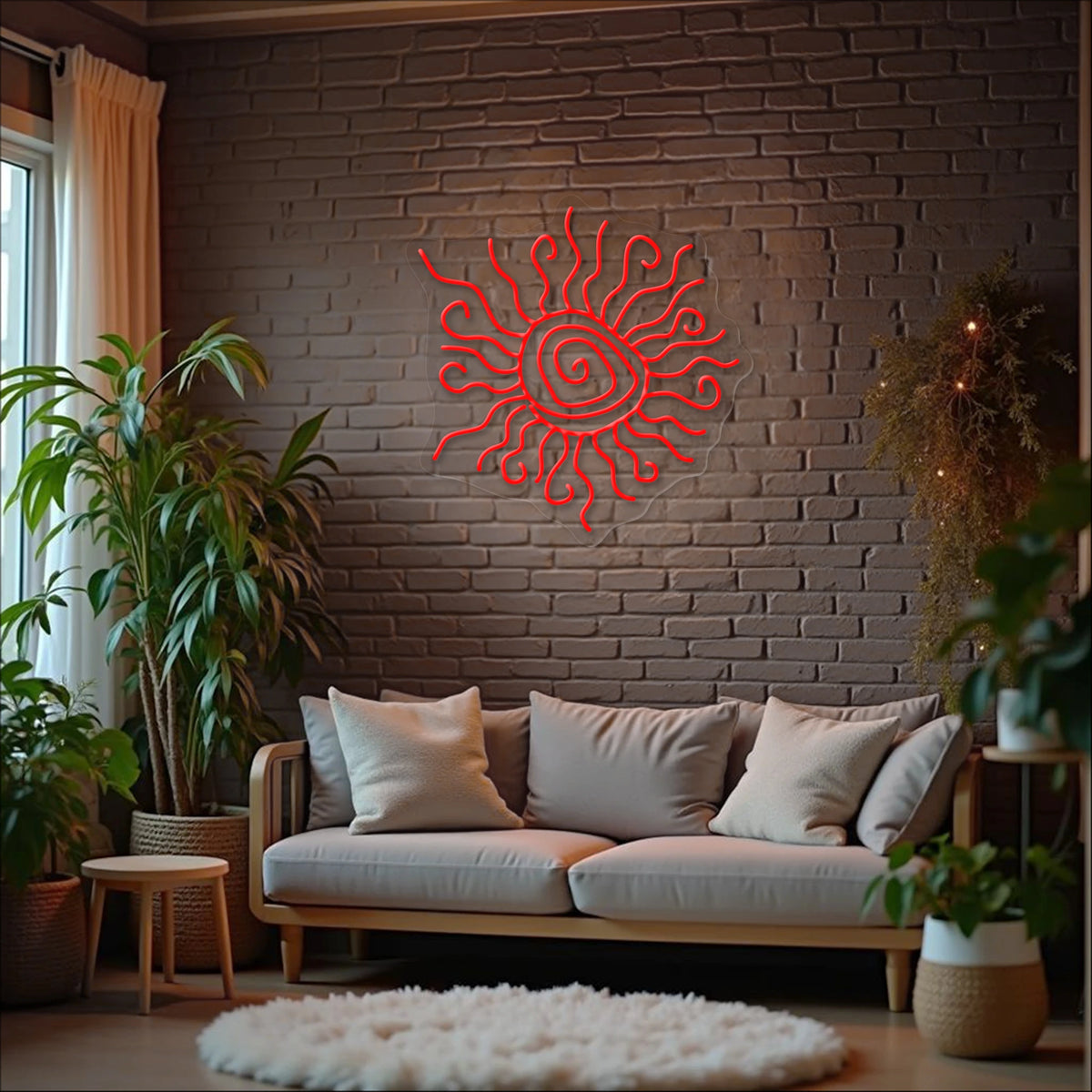 Wacky sun neon sign with wavy rays displayed on a brick living room wall above a sofa