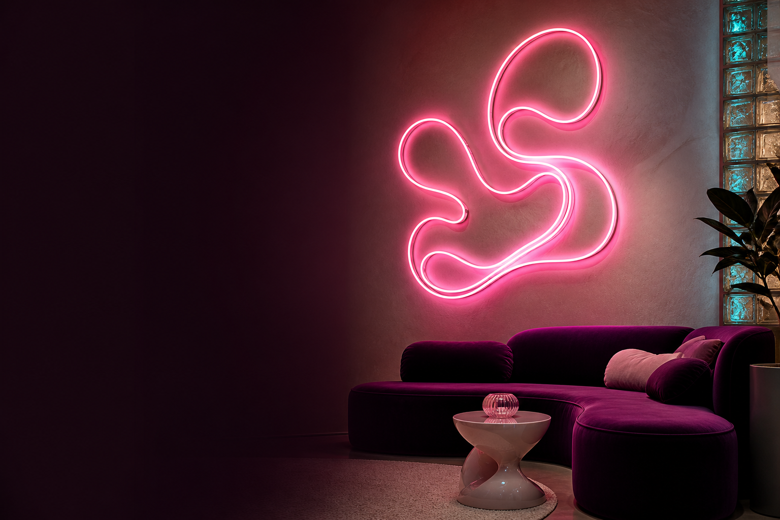 Custom pink LED neon in a creative living room