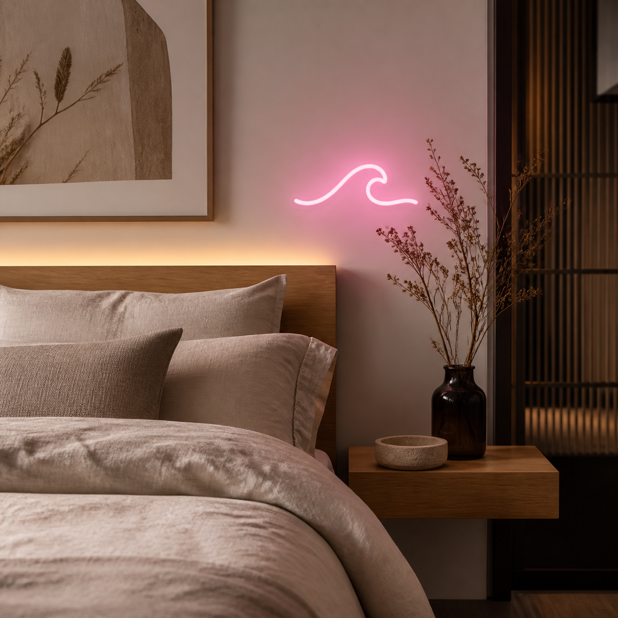 Pink custom LED neon detail in a modern bedroom