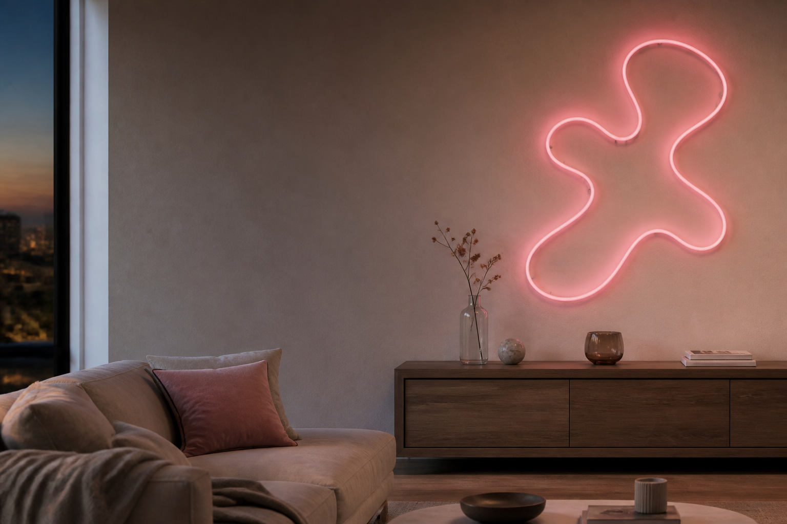 Modern LED neon in a styled living space